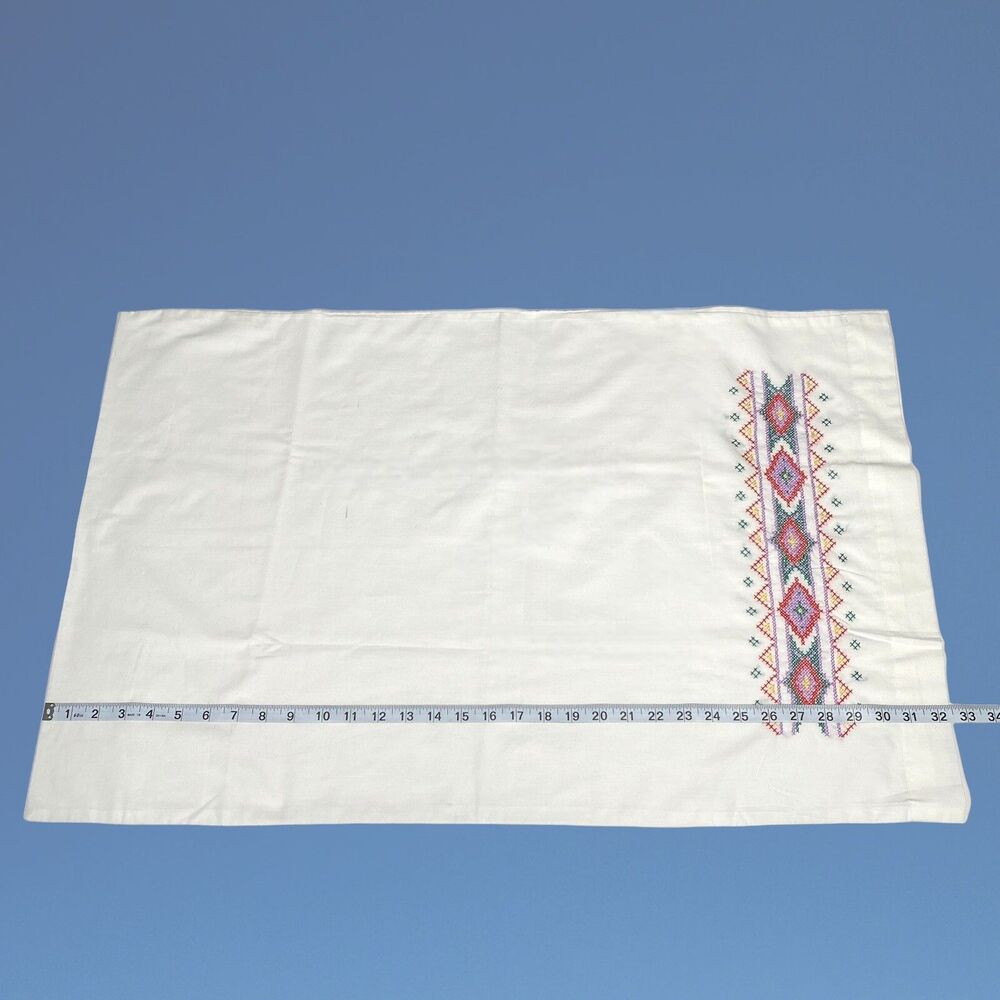 Vtg Cross Stitch Pillow Case Southwestern Geometric Embroidered Pillowcase Cover - Picture 5 of 12